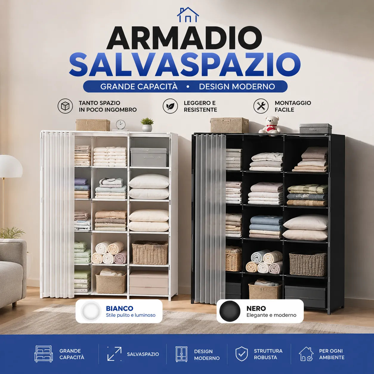 Armadio Guardaroba Salvaspazio con Tenda Scorrevole 155x80x28 cm – Organizzatore Multiuso per Camera, Cameretta e Lavanderia