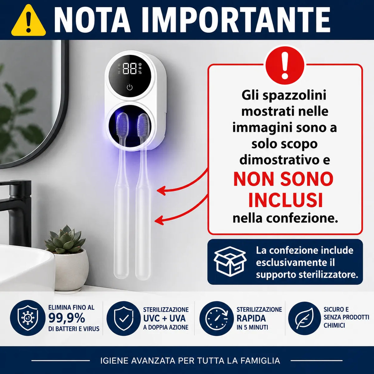 Sterilizzatore UV per spazzolini bianco con display LED e vano interno per testine