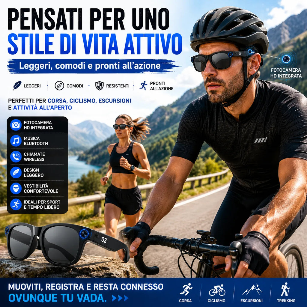 Occhiali smart AI neri con lenti scure e fotocamera HD integrata sul lato