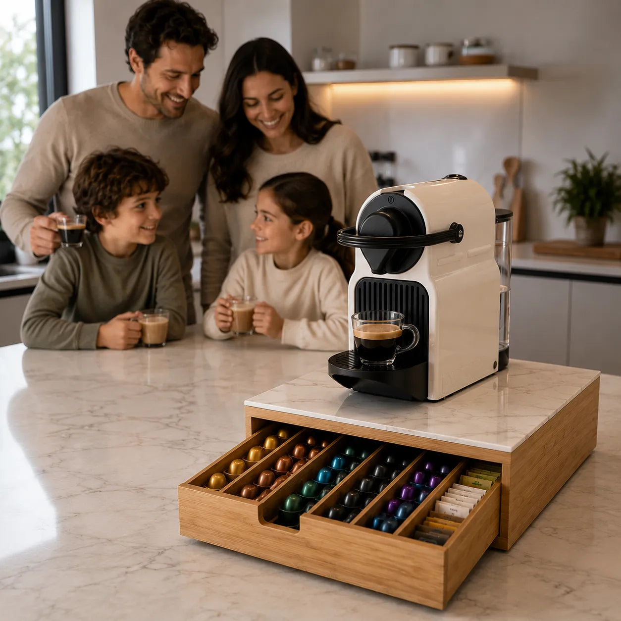Cassetto portacapsule in bambù con piano in vetro, macchina caffè bianca con capsule nei vani