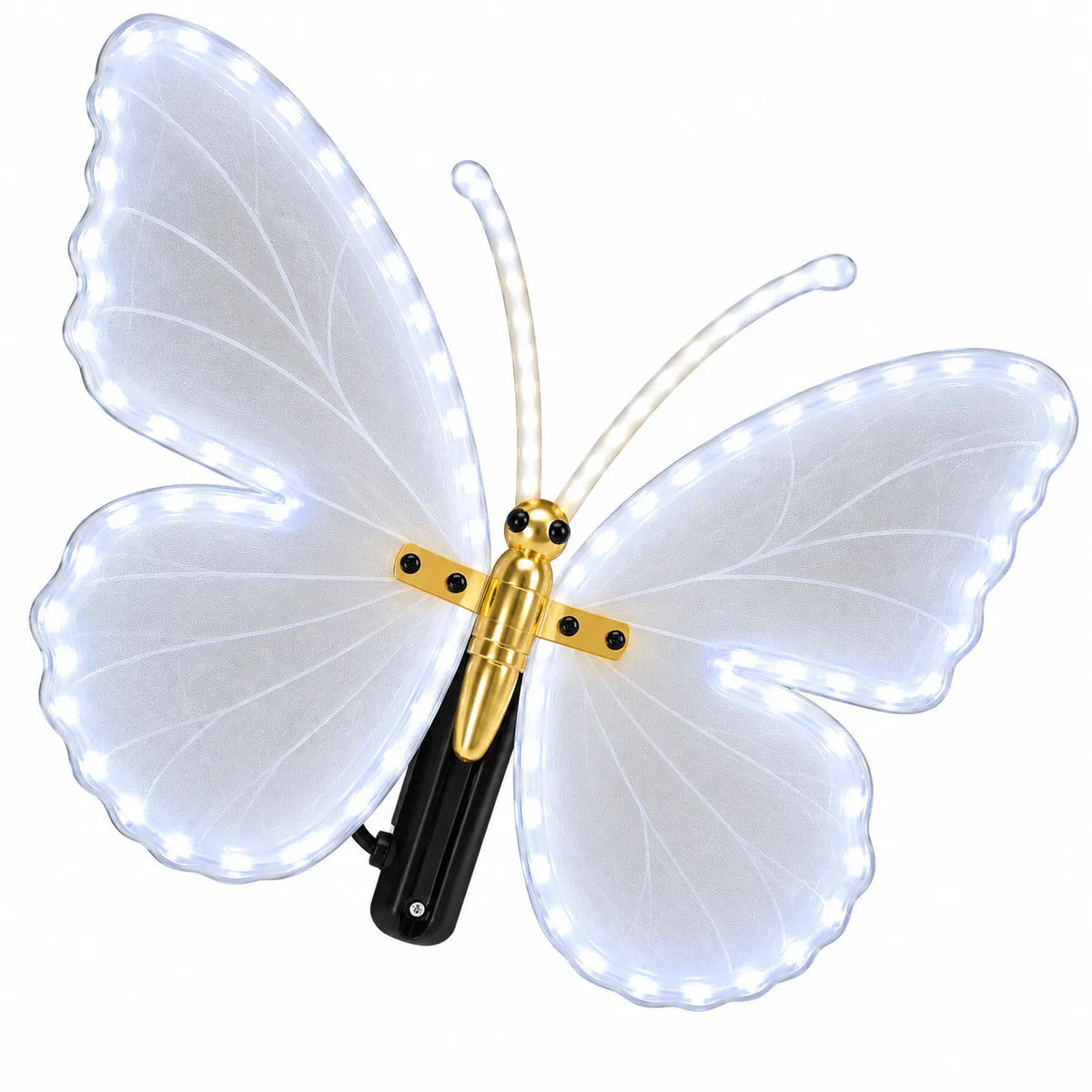 Decorazione natalizia a farfalla LED: ali traslucide bianche, corpo dorato, base nera