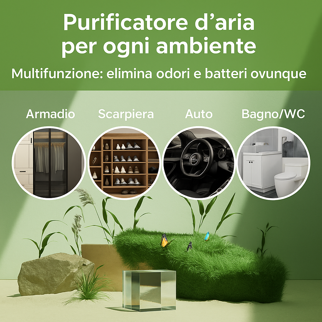 Purificatore d’aria per ambienti con icone di armadio, scarpiere, auto e bagno