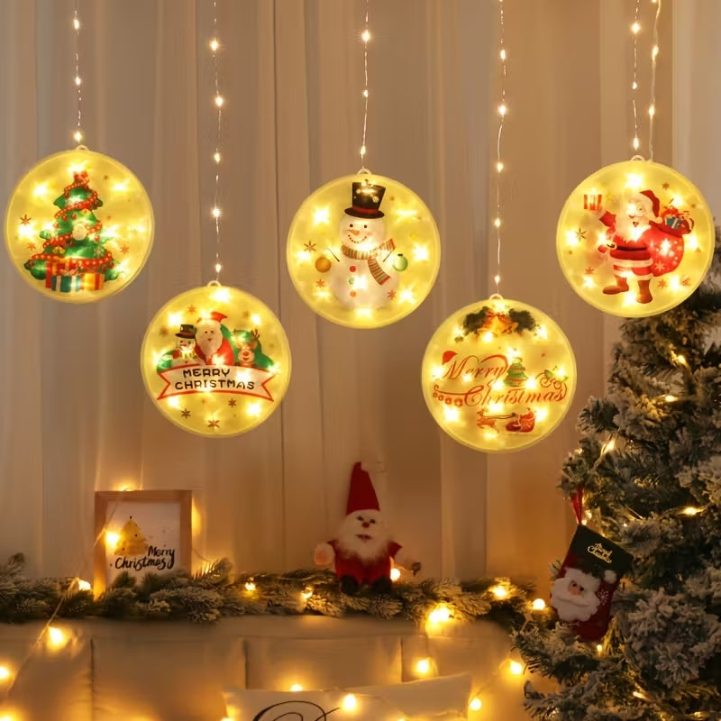 Catena luminosa natalizia a LED con dischi rotondi decorativi illuminati, pupazzo di neve e albero