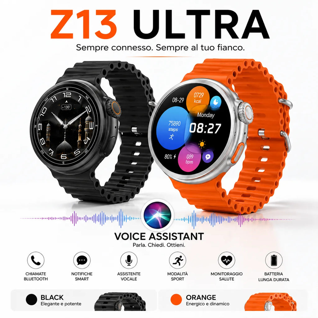 Smartwatch con cinturino nero e arancione, quadrante circolare e funzioni