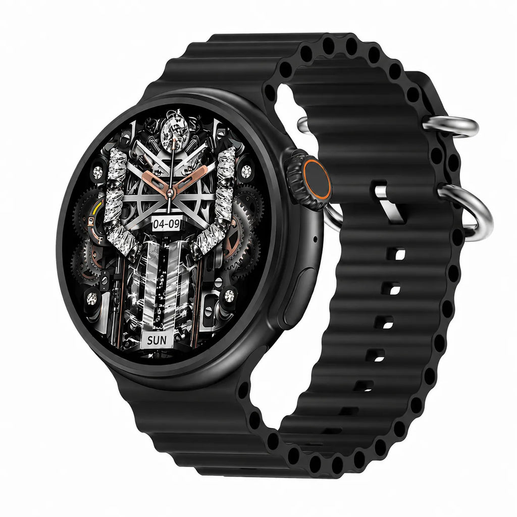 Smartwatch con cinturino nero, quadrante meccanico dettagliato