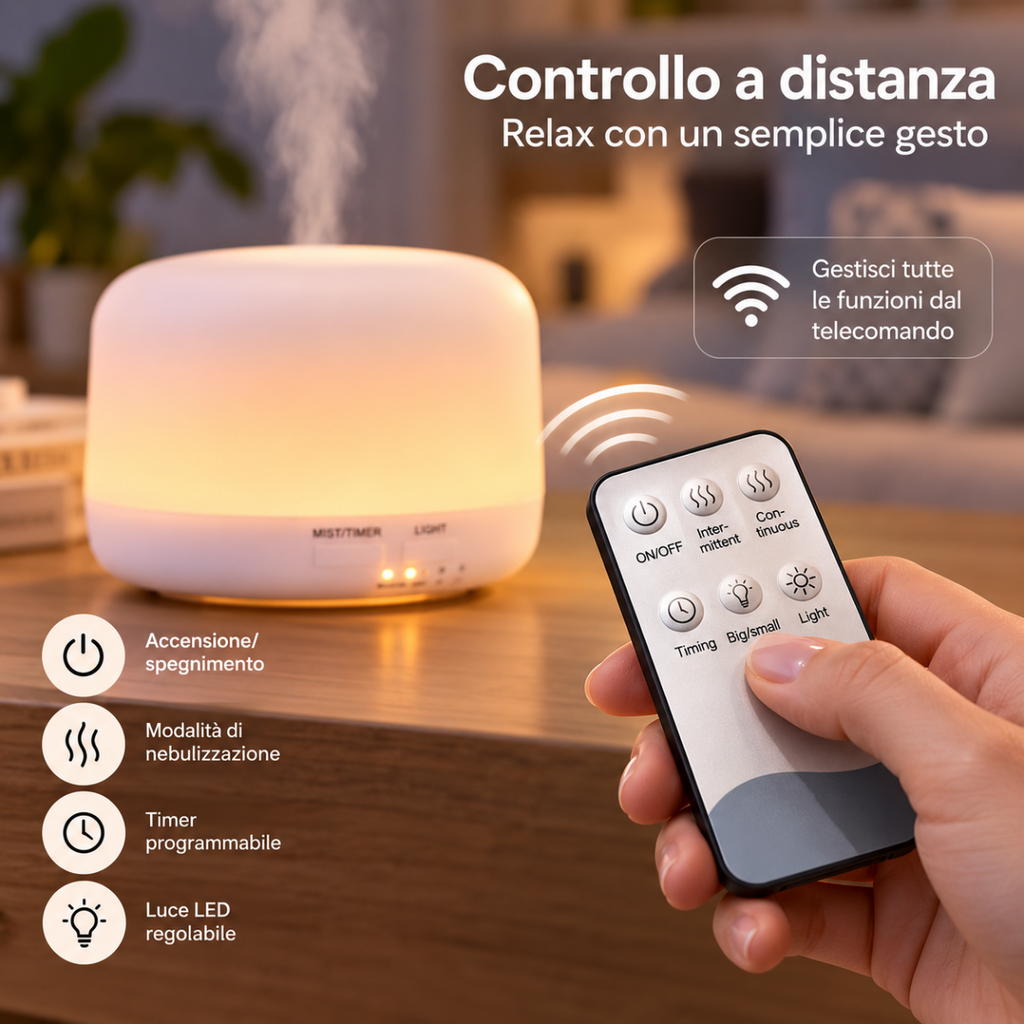 Diffusore aromi a ultrasuoni con luce LED, telecomando per timer e nebulizzazione