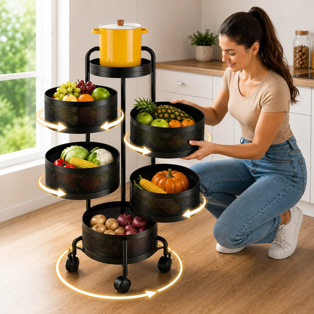 Carrello frutta e verdura con 5 ripiani girevoli e cestelli removibili, su ruote.