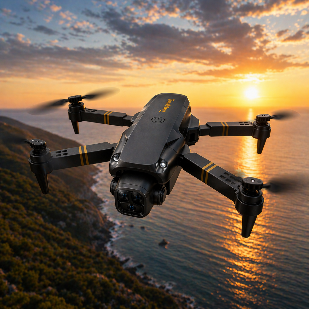 Mini drone pieghevole con telecamera HD in volo, corpo grigio scuro
