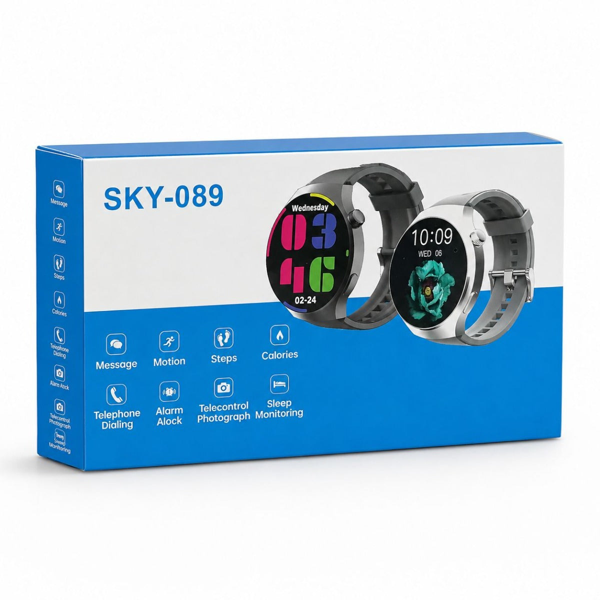 Confezione smartwatch SKY-089 con cinturini nero e grigio, display circolare in evidenza