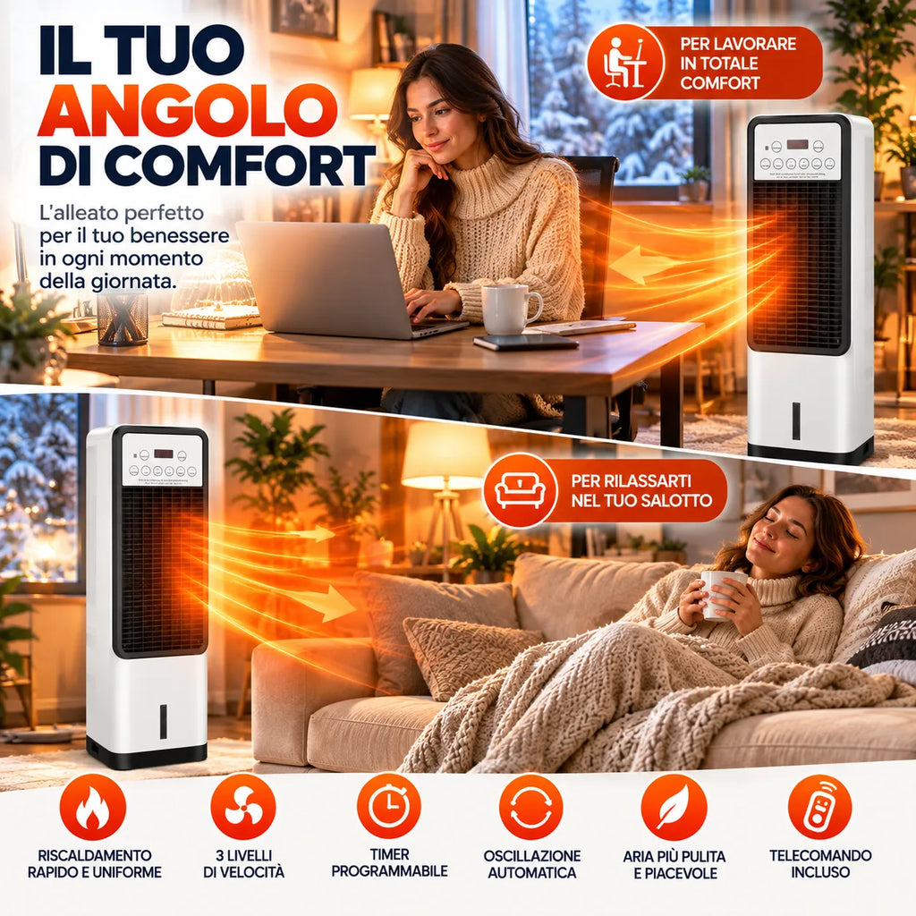 Raffrescatore e termoventilatore 3 in 1 bianco e nero con telecomando e comandi touch.