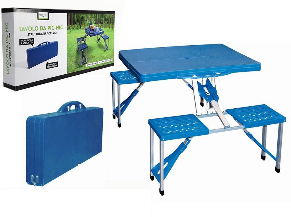 Set da picnic blu con tavolo e sgabelli pieghevoli nella valigetta