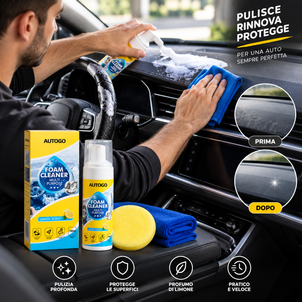 Detergente schiuma AUTOGO al limone spruzzato su sedile auto con panno blu