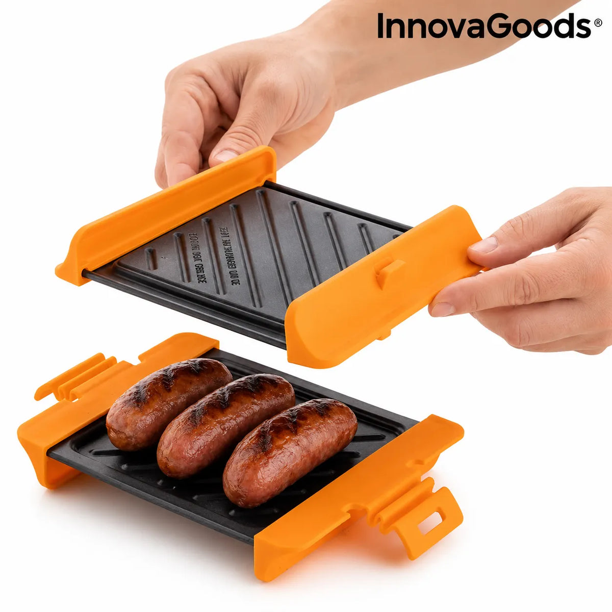 Piastra grill microonde antiaderente con maniglie arancioni e superficie rigata