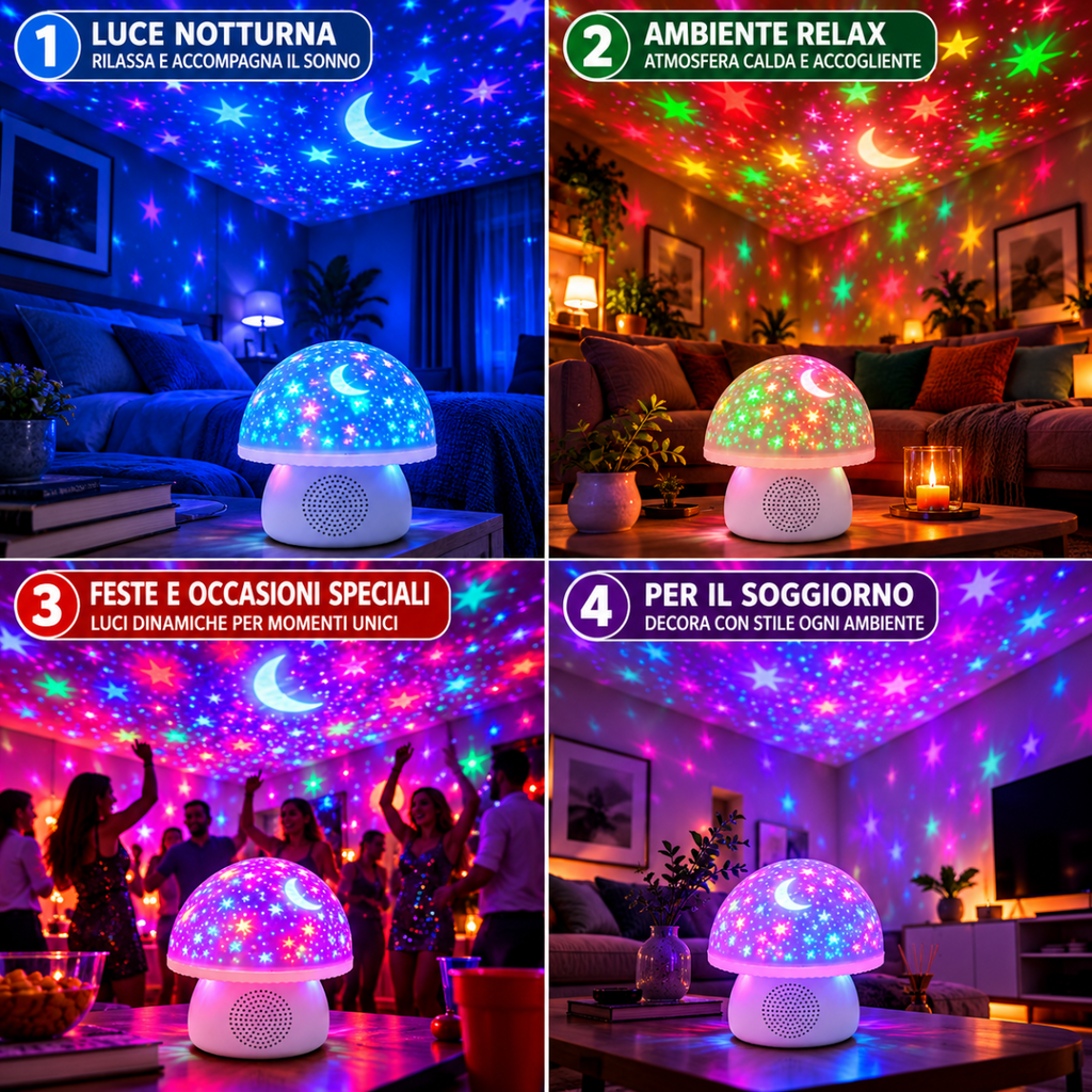 Proiettore LED stelle e luna RGB con altoparlante Bluetooth, cupola colorata e griglia altoparlante.