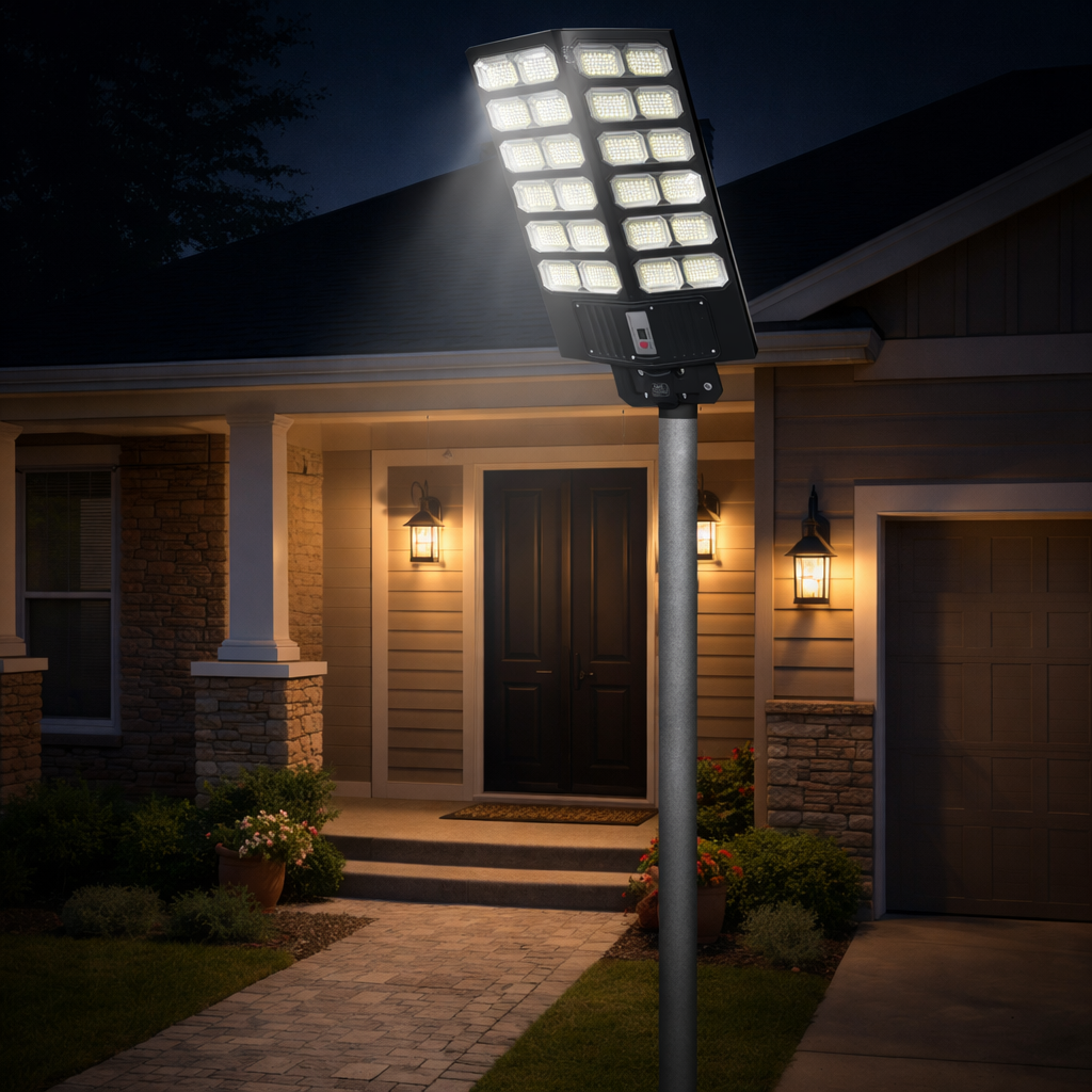 Lampione Solare LED 1800W con Telecomando – 23000mAh, Sensore Movimento, IP66 Impermeabile, Faro Stradale Esterno Alta Luminosità