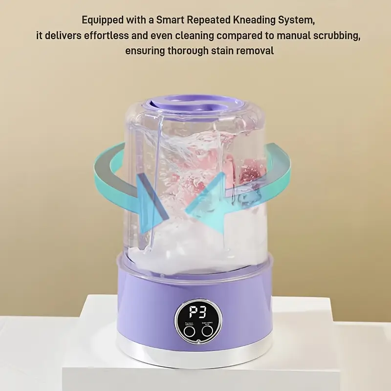 Mini lavatrice portatile viola con coperchio trasparente e comandi circolari su base