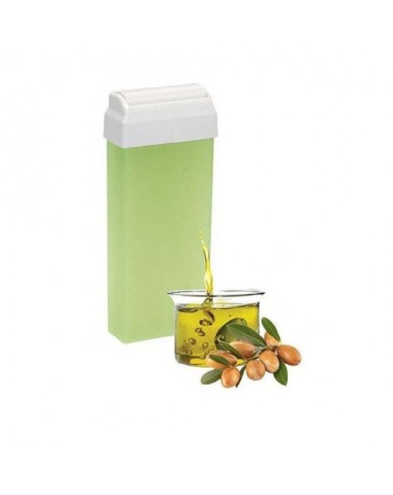 Cartuccia di cera depilatoria verde con rullo e olio di argan in vaschetta