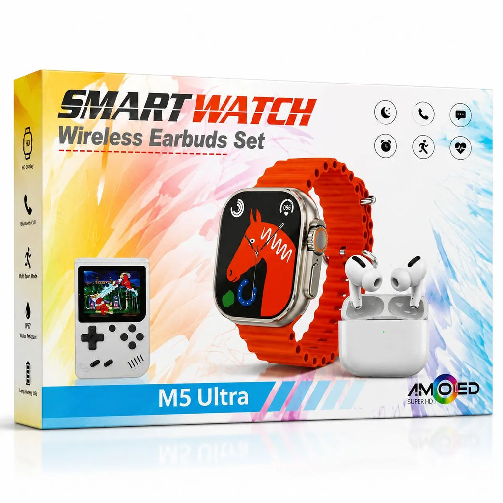 Confezione kit smartwatch M5 Ultra con auricolari wireless TWS e mini console di gioco