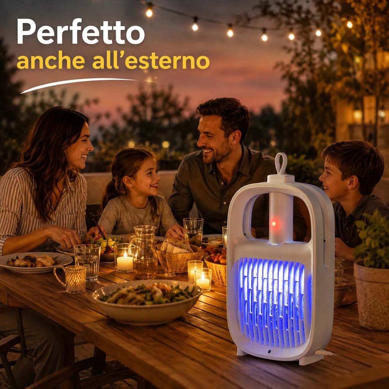 Lampada antizanzare bianca con griglia luminosa blu su tavolo esterno