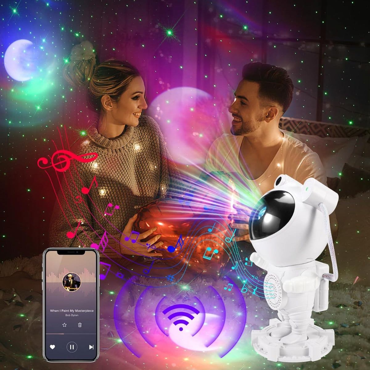 Lampada proiettore astronauta bianca con luce colorata e telecomando
