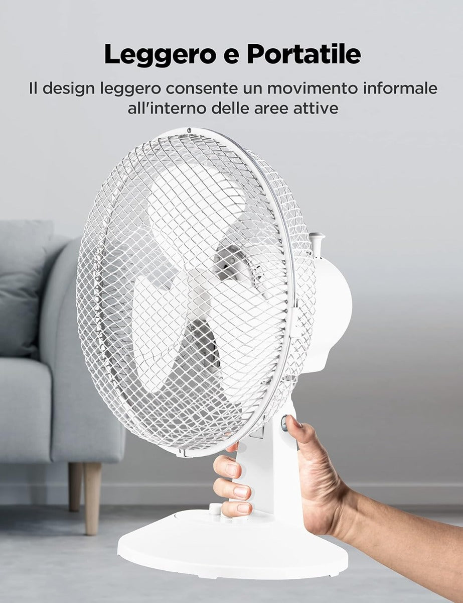 Ventilatore da tavolo bianco compatto con griglia e base