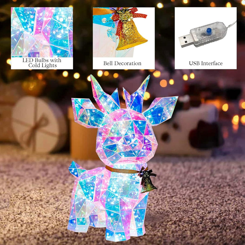 Cervo luminoso LED multicolore completo, con fiocco e campanella, decorazione natalizia