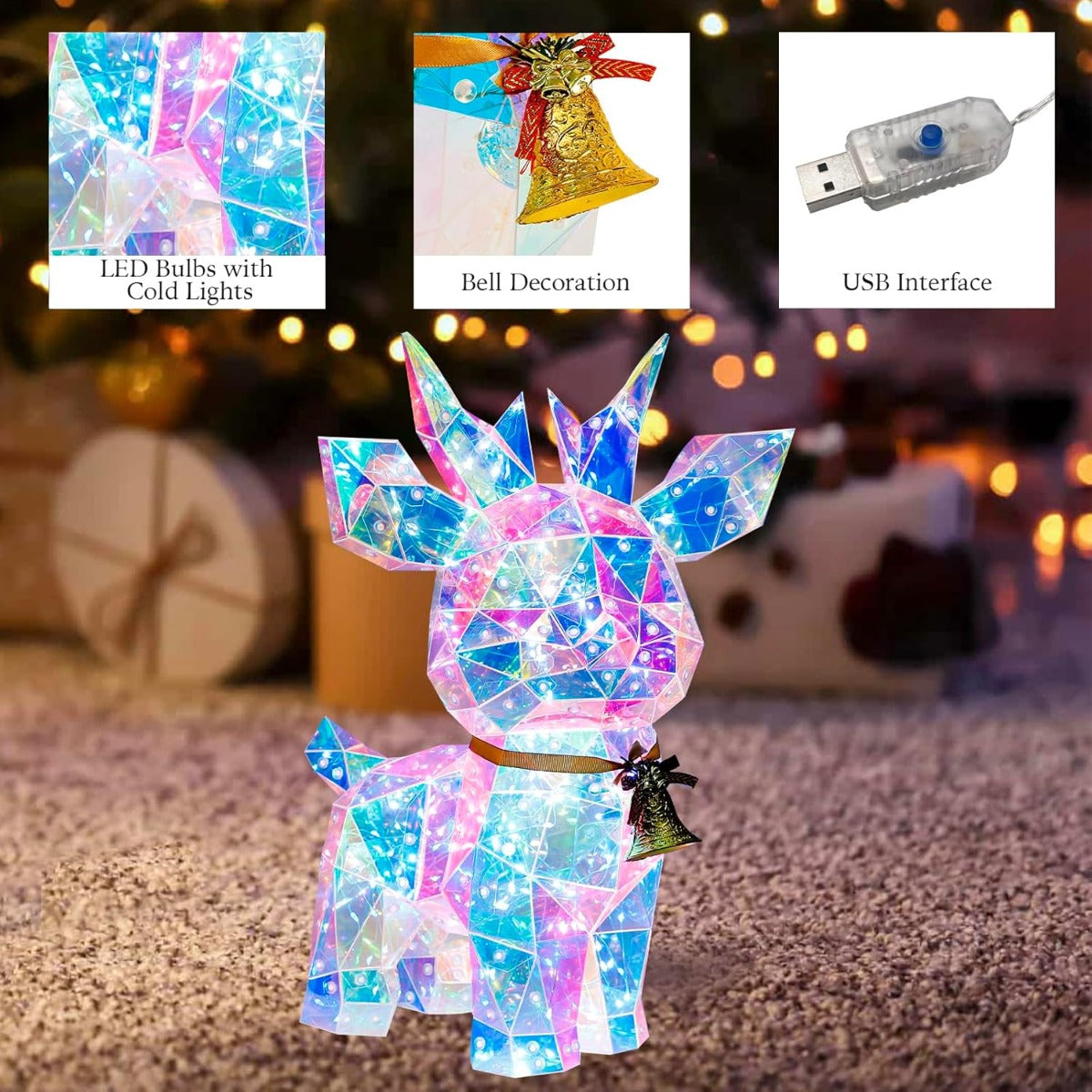 Cervo luminoso LED multicolore completo, con fiocco e campanella, decorazione natalizia