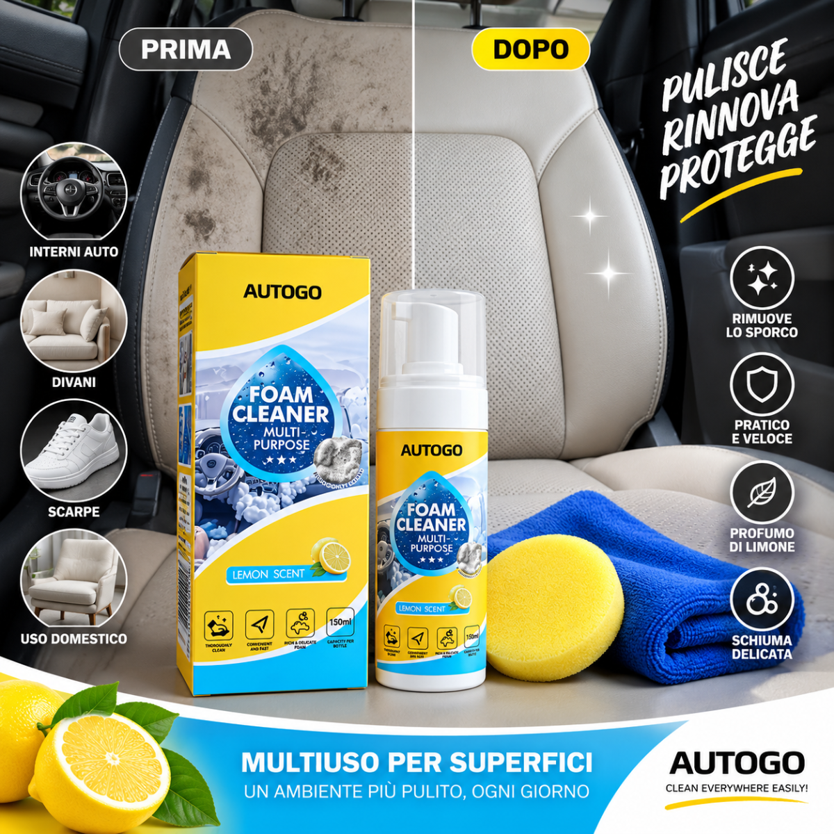 Set detergente schiuma multiuso AUTOGO al limone: scatola, flacone, spugna e panno