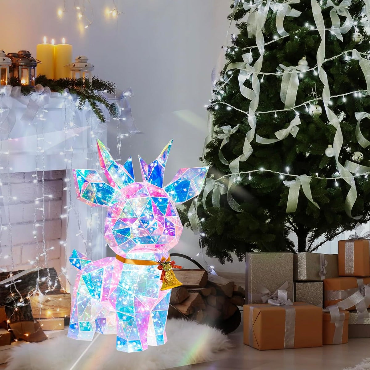 Cervo luminoso LED multicolore in piedi, con fiocco e campanella, decorazione natalizia