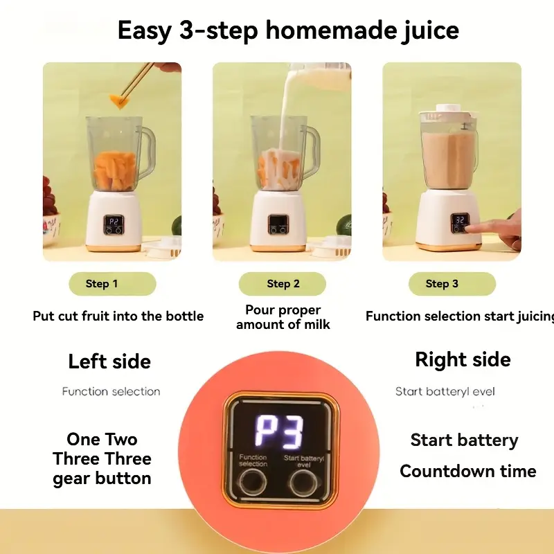 Frullatore portatile bianco con caraffa trasparente e schermo digitale