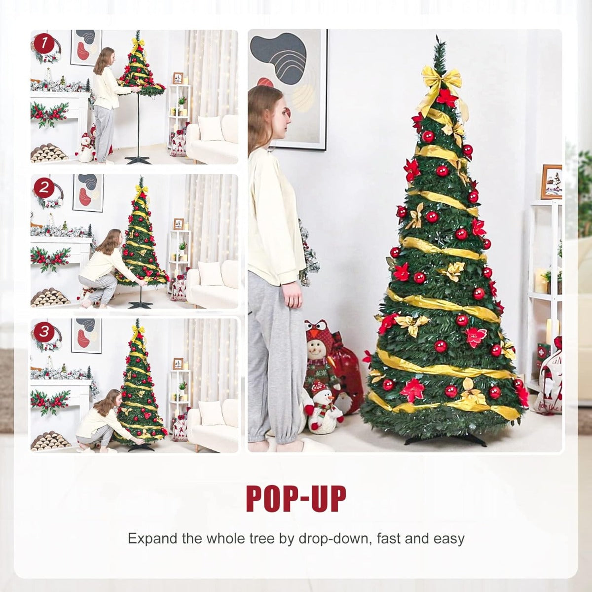 Albero di Natale pop-up preilluminato con luci calde e decorazioni rosso-oro, in soggiorno