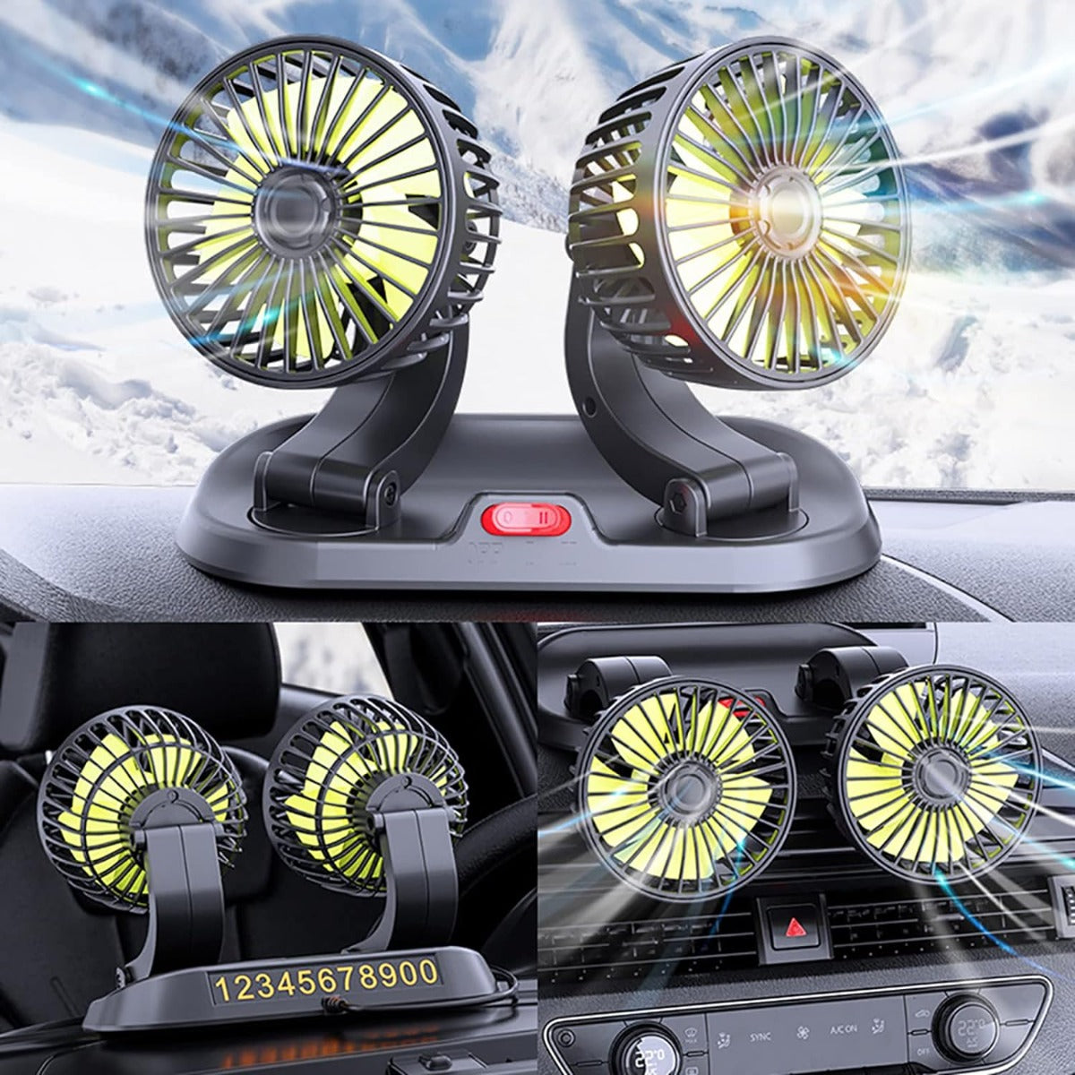 Ventilatore doppio da auto nero con pale gialle, due teste orientate su base.