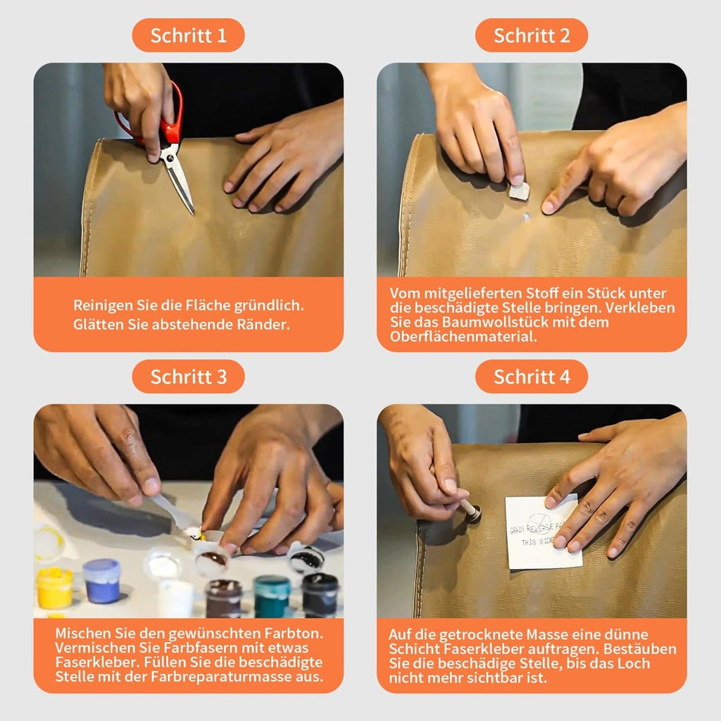 Kit di riparazione: mani applicano una toppa su sedile in pelle con spatola