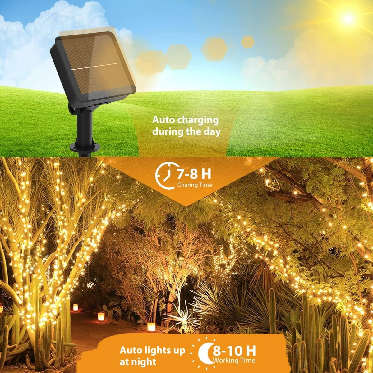 Catena luminosa solare con pannello a paletto e bobina di LED caldi accesa