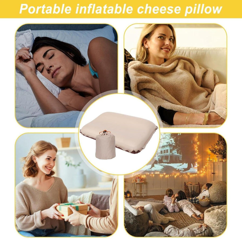 Cuscino gonfiabile beige a mezzaluna con custodia in tessuto grigio chiudibile