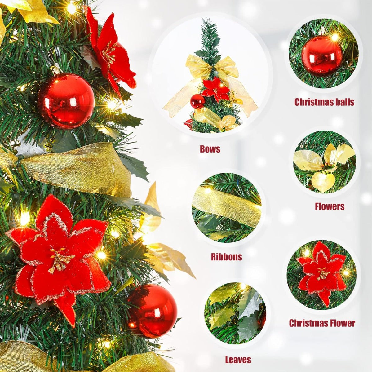 Albero di Natale con luci LED calde, decorazioni rosse: palline, nastri e fiocchi