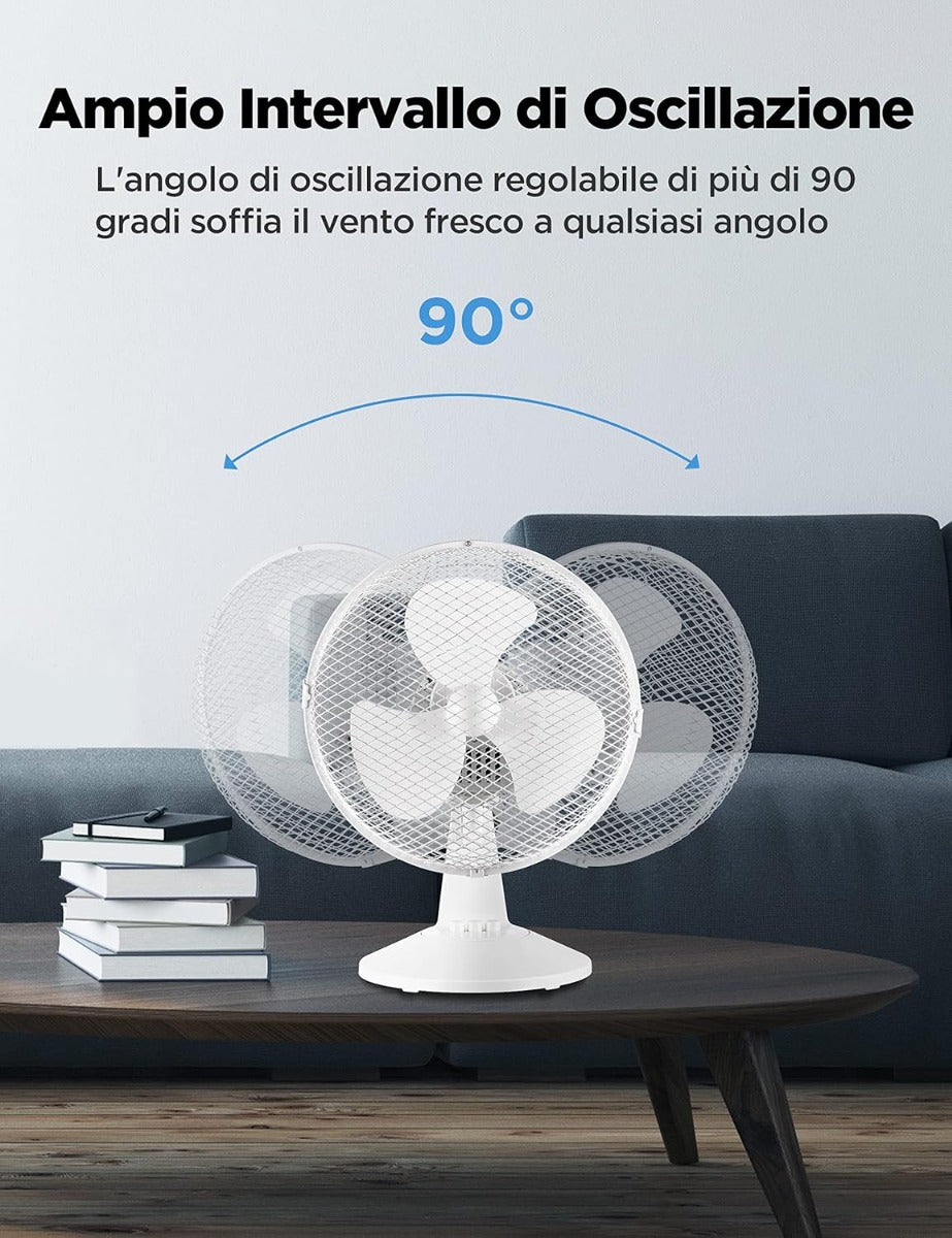 Ventilatore da tavolo bianco con oscillazione ampia, griglia e base