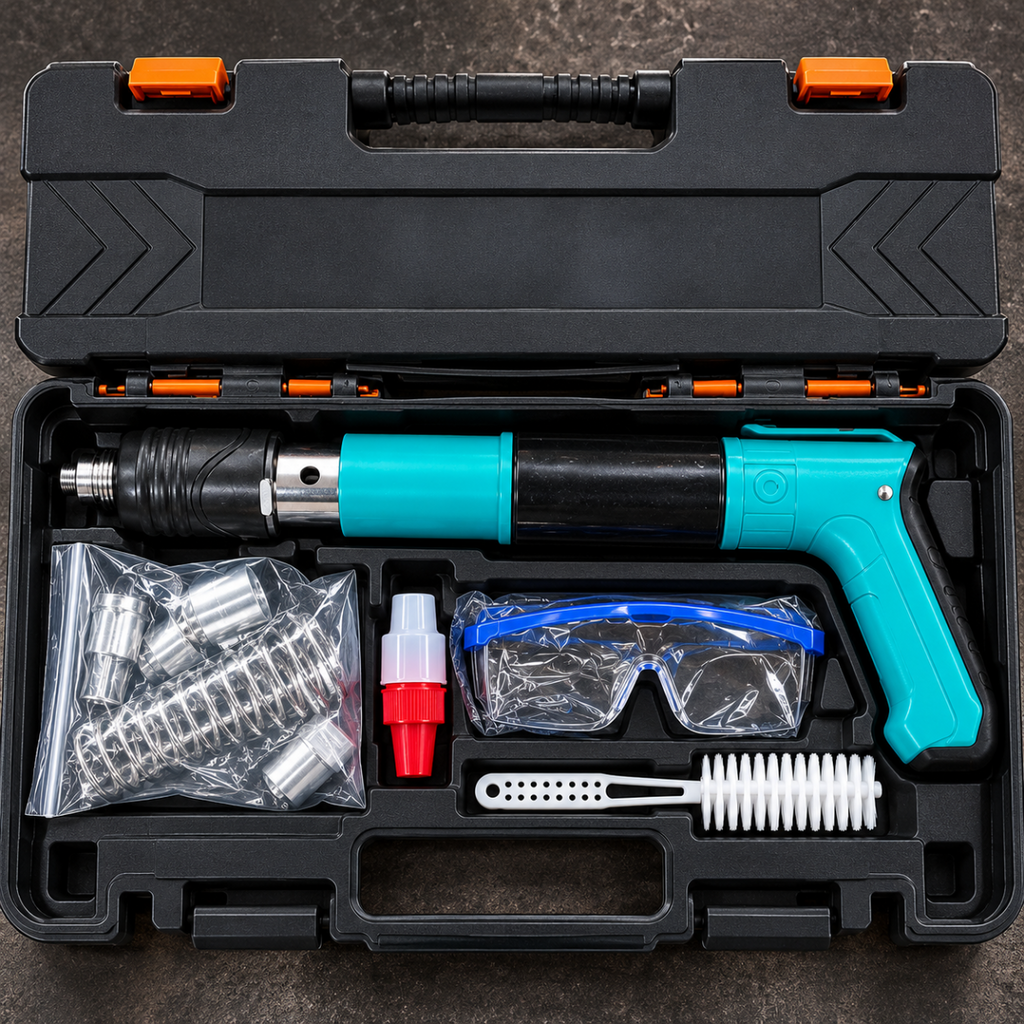 Valigetta nera con pistola azzurra e nera, chiodi e accessori nei scomparti