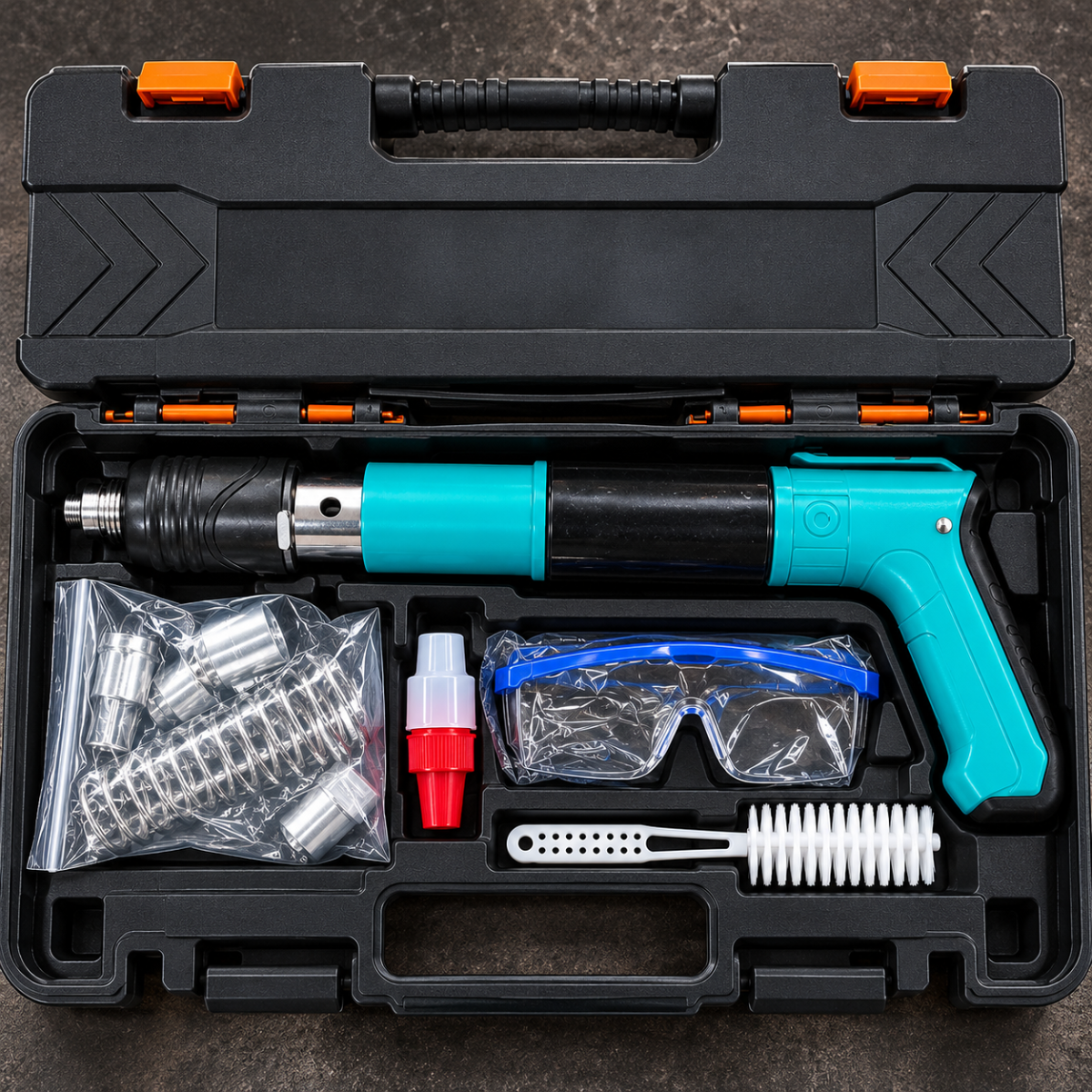 Valigetta nera con pistola azzurra e nera, chiodi e accessori nei scomparti