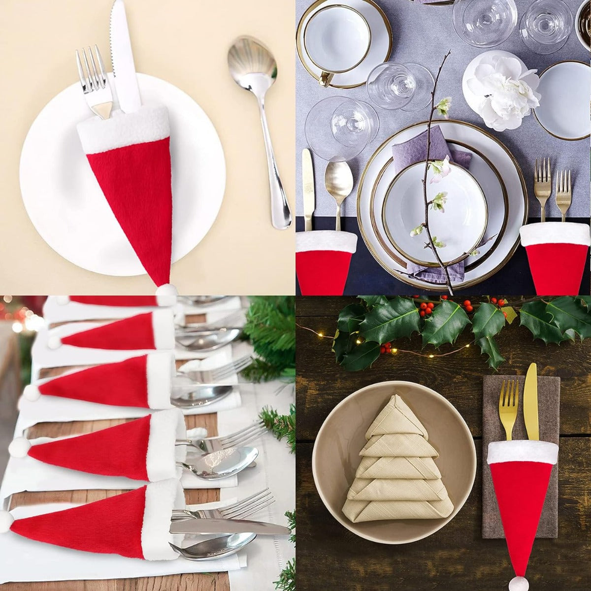 Set di mini cappelli Babbo Natale da portaposate: rossi con bordo bianco e pon pon su posate.