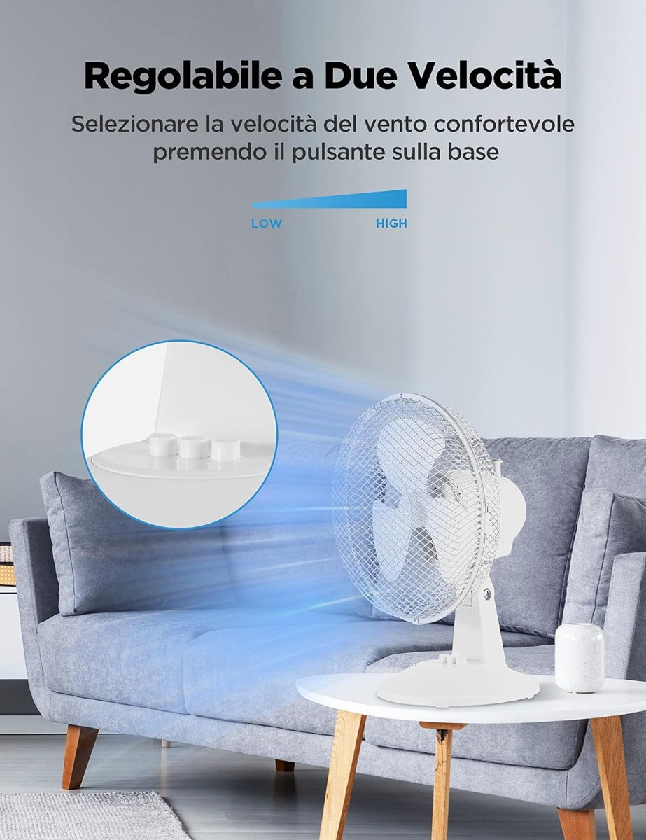 Ventilatore da tavolo bianco con due velocità, griglia e base