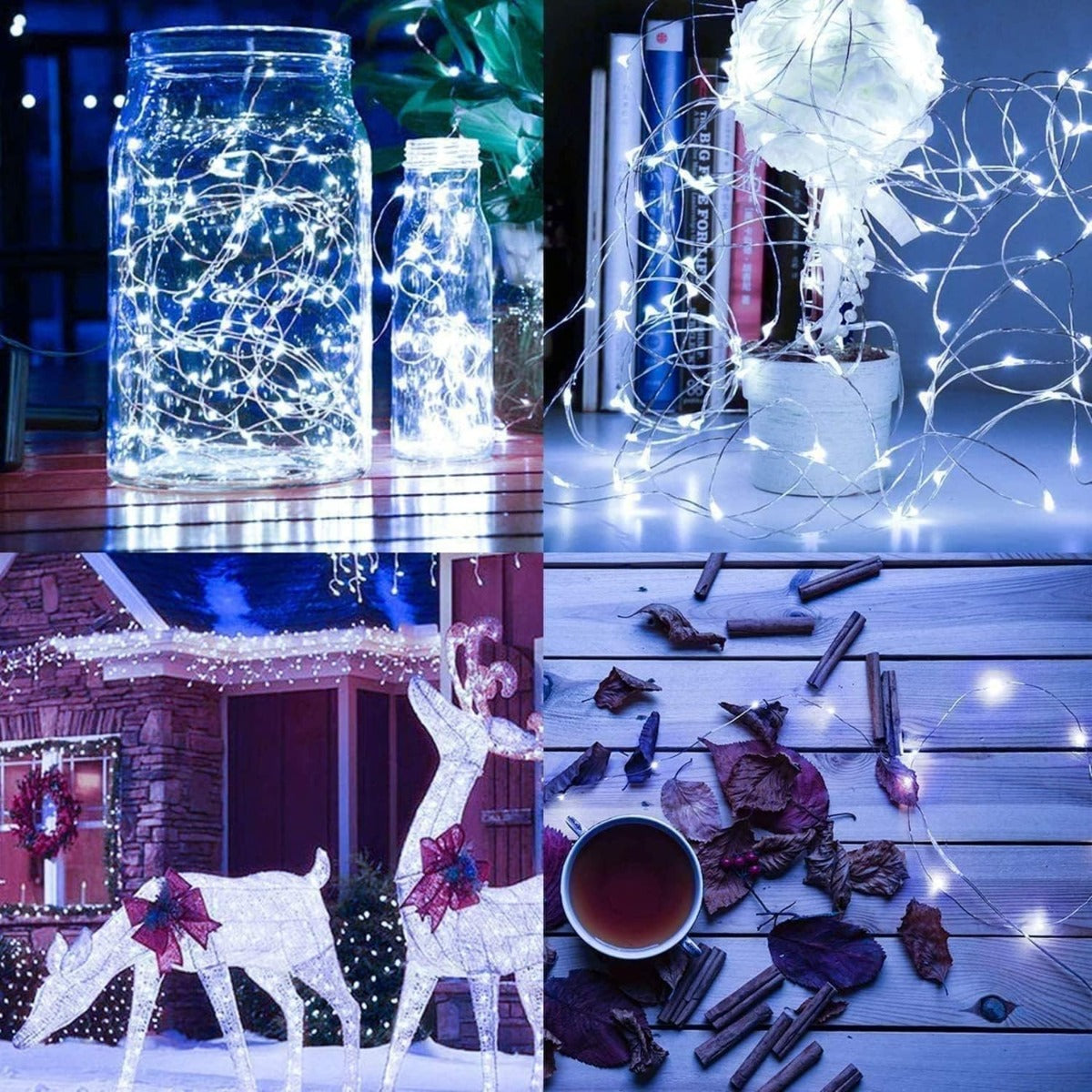 Luci a filo bianche con cablaggio sottile e decori floreali e farfalle