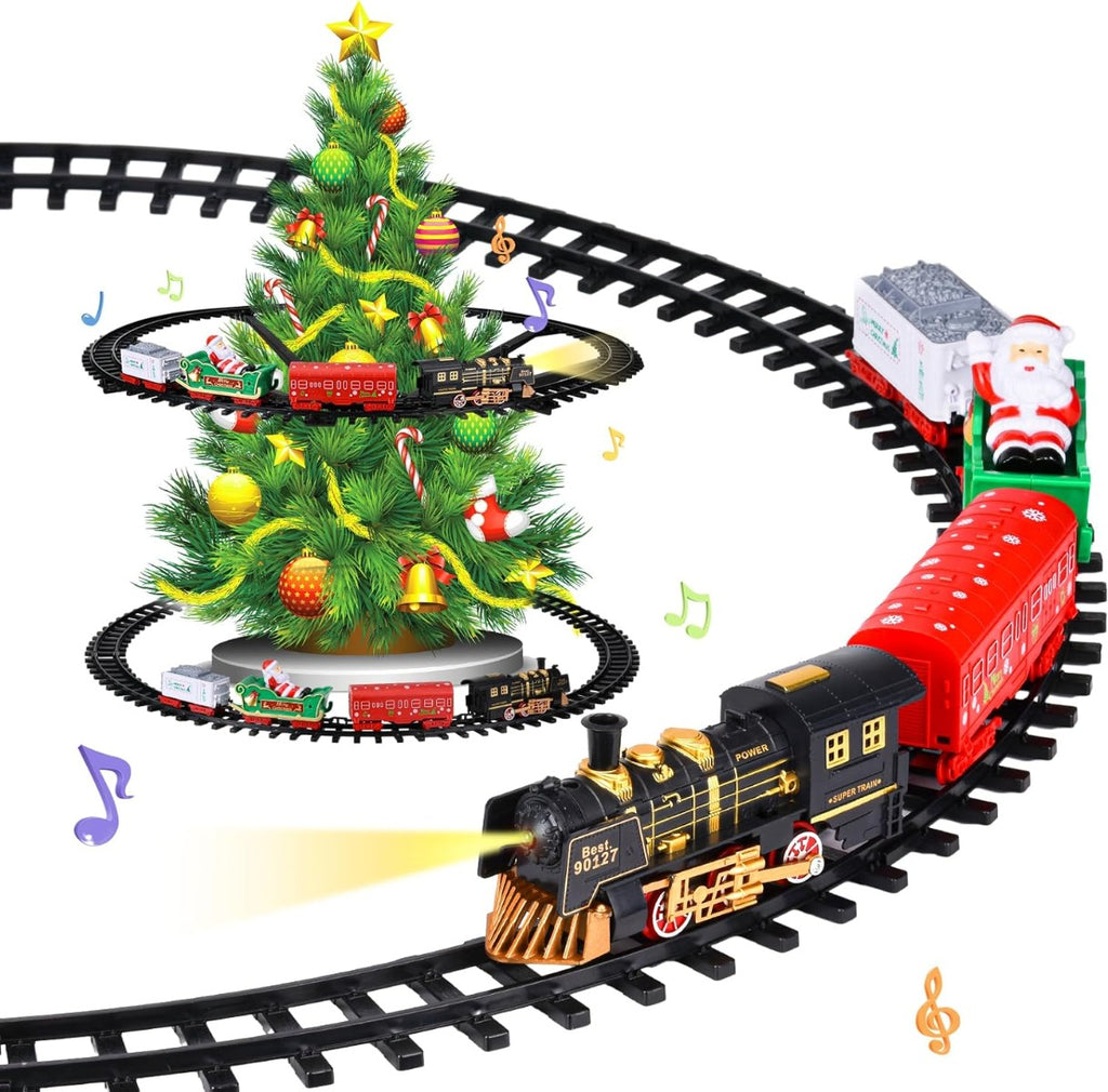 Set trenino natalizio con 3 vagoni e albero decorativo su binari neri a cerchio.