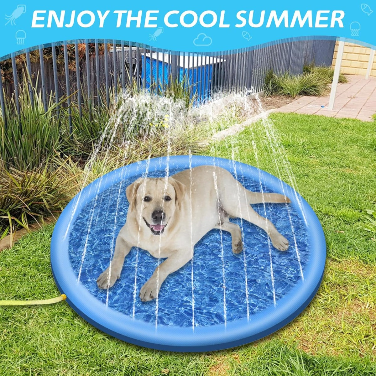 Tappetino antischizzo in PVC tondo blu con spruzzi d’acqua e cane giallo