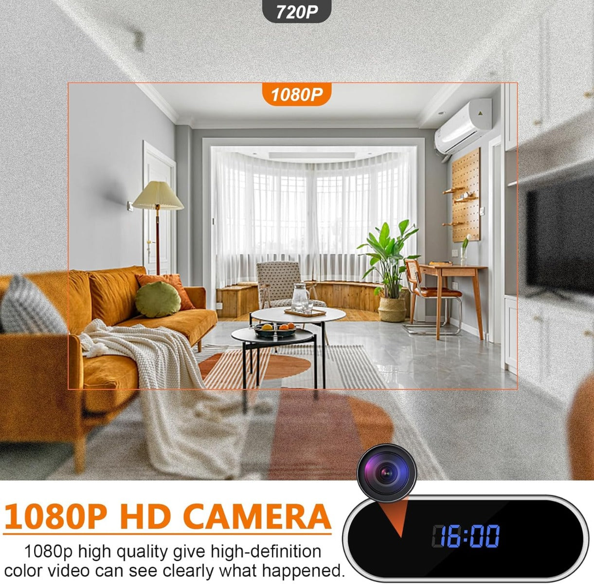 Telecamera spia a orologio WiFi nera con lente frontale e display blu 1080P