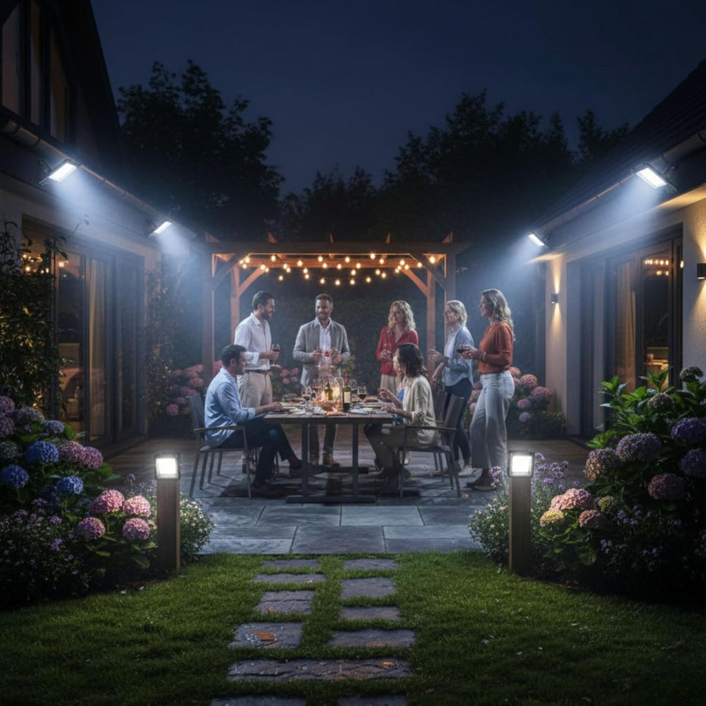 Faro LED solare da esterno acceso, luce bianca sui vialetti del giardino