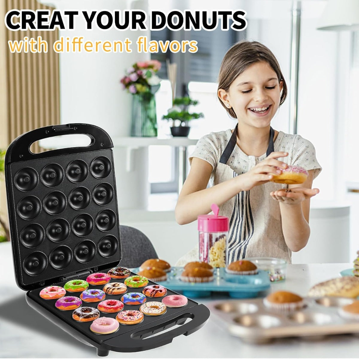 Macchina per ciambelle donut maker con 16 stampi tondi antiaderenti, aperta