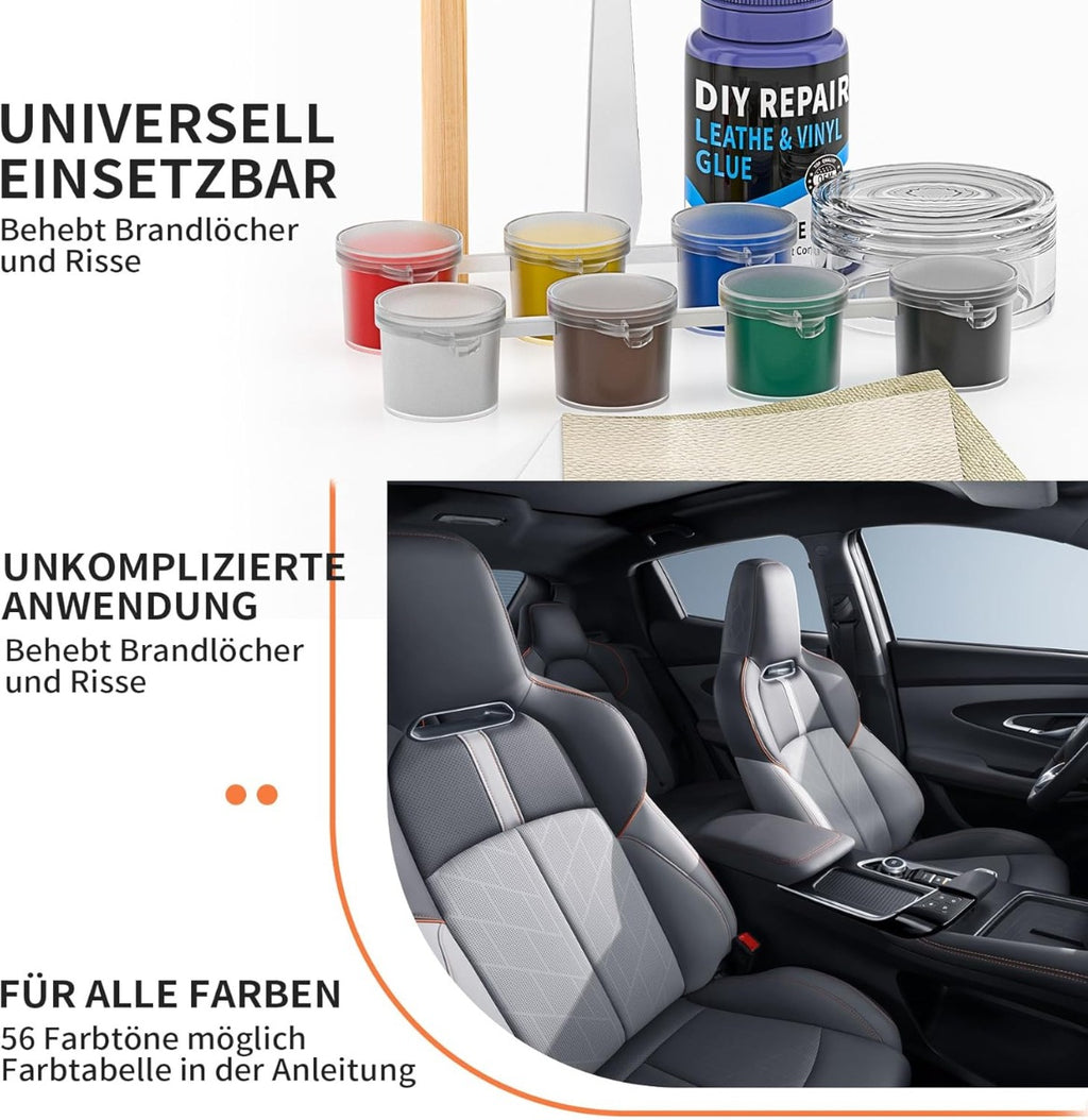 Set riparazione sedili auto, flacone e barattoli colorati sopra il sedile