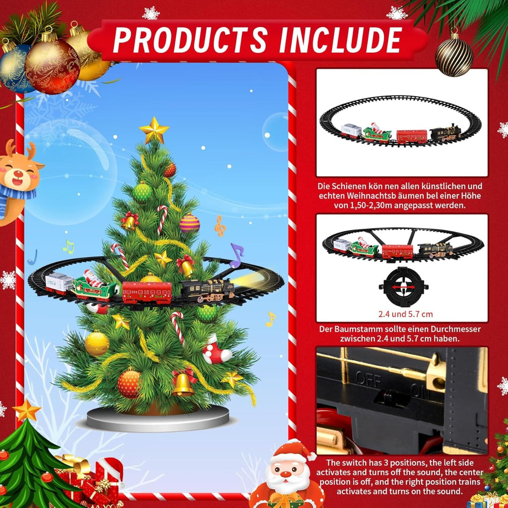 Trenino natalizio elettrico con albero: set di binari, istruzioni e posizioni switch.