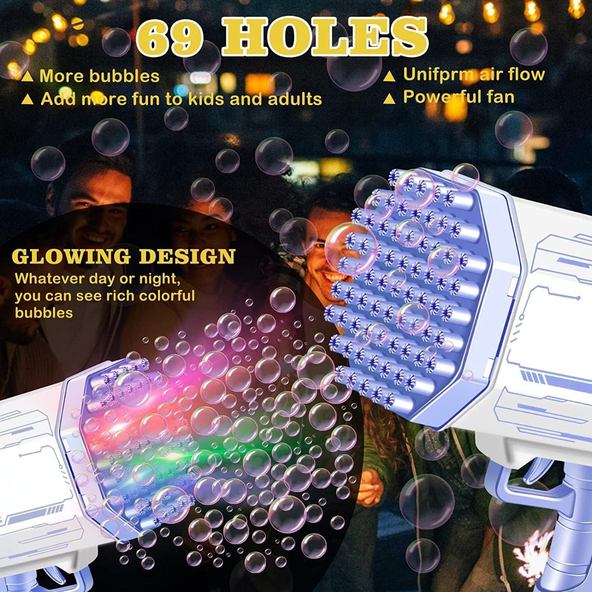 Pistola a bolle giocattolo viola e bianca con cilindro e fori, design luminoso